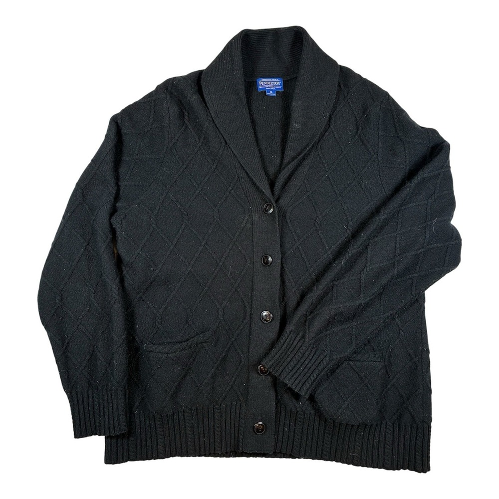 Pendleton Men's XL Black Lambs Wool Shawl Collar Cable Knit Cardigan READ!!